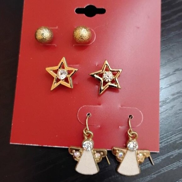 Trio Christmas Earrings. New. Gold Colored Balls, Stars and Angels. Kohl's Brand - Picture 1 of 4